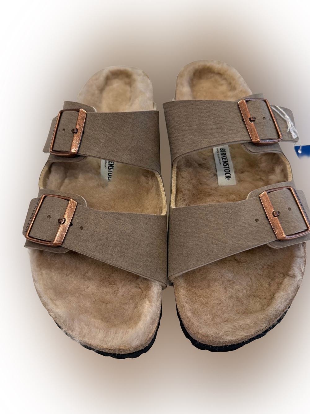 Birkenstock Arizona Genuine Shearling Slide Sandal Taupe Size W-10 M-8 EU 41 NWT